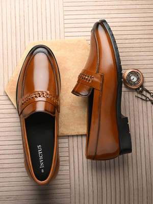 INVICTUS Glossy Tan Formal Loafers for Men | Office & Ethnic Wear | Sleek Comfort Fit Slip On For Men(Tan , 6)