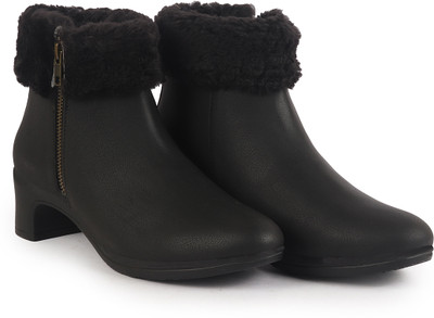 FAUSTO High Ankle Flared Heel Side Zipper Winter Classic Fur Boots|Outdoor Boots|Work Boots For Women(Black , 8)