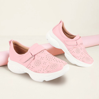 FAUSTO Laser Cut Design Stitched Back Open Hook & Loop Buckle Mules Shoes Casuals For Women(Pink , 6)