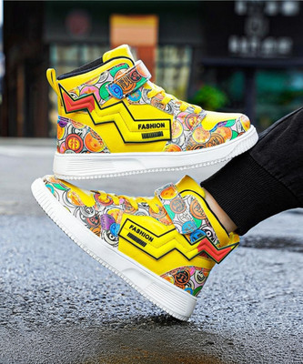 Zixer Casual High Top Shoes For Men High Ankle Boy's Sneakers Trending Bikers Pro Outdoors For Men(Yellow , 6)