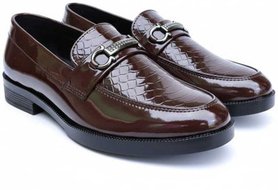 ASPIDO Men's Burgundy Croc-Embossed Patent Loafers with Metal Bit Slip On For Men(Brown , 9)