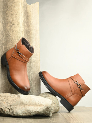 Roadster Stylish Textured Ankle Length Versatile Boots For Women(Tan , 8)