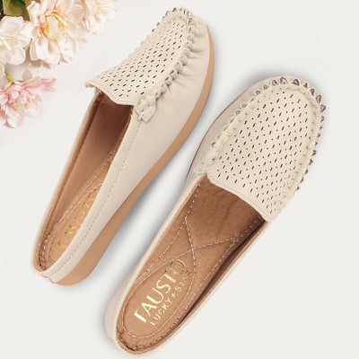 FAUSTO Side Stitched Laser Cut Design Back Open Slip On Mules Shoes Mojaris For Women(Beige)