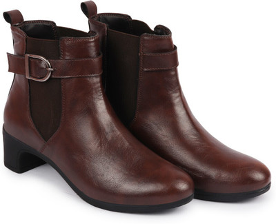 FAUSTO Flared Heel High Ankle Classic Winter Buckle Strap Chelsea Boots For Women(Brown , 2)