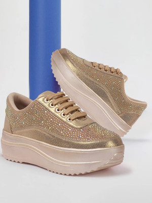 VENDOZ BRIDAL GLITTERY EMBROIDERY WEDDING AND PARTY SNEAKERS For Women(Gold , 3)