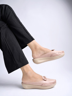 SHOETOPIA Stylish Comfortable Upper Bow Detailed Peach Slip-On Loafers For Girls Loafers For Women(Pink , 7)
