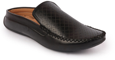FAUSTO Stitched Block Design Pattern Back Open Slip On Shoes Loafers For Men(Black , 13)
