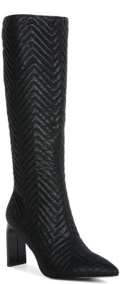 London Rag Black Quilted Italian High Block Heeled Calf Boots Boots For Women(Black)