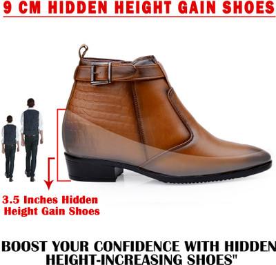 YUVRATO BAXI Men's 3.5 Inch Hidden Height Increasing Tan Casual Buckle Formal Ankle Boot Slip On For Men(Tan , 5)