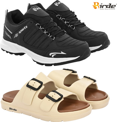 Birde Birde Stylish Combo Pack of 2 Lightweight Gym, Outdoor Shoes With Sandals Walking Shoes For Men(Black, Beige , 10)