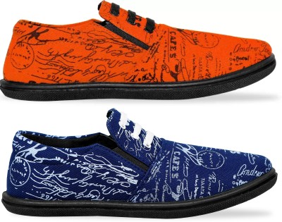 KANEGGYE Canvas|Lightweight|Comfort|All Seasons|Trendy|Casual Shoes Slip On Sneakers For Men(Orange, Navy , 9)