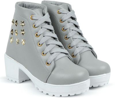 Yuggi Women’s Black Lace-Up Boots with Star Stud Embellishment & Block Heel Boots For Women(Grey , 6)