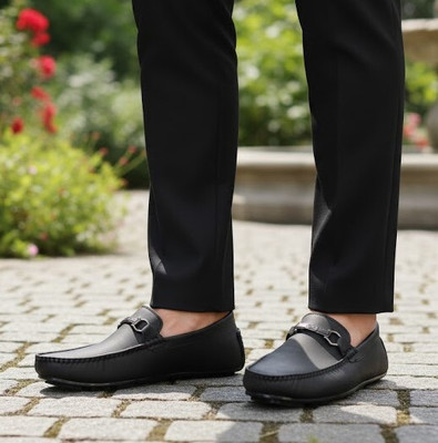 JK PORT Men's Black Driving Loafers | Black Moccasin Loafers Loafers For Men(Black , 9)