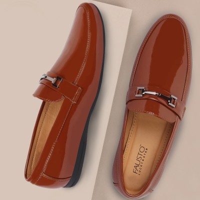 FAUSTO Standard Patent Leather Horsebit Buckle Formal Loafer Shoes Slip On For Men(Tan)