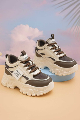 Pharaoh Fashionable Chunky Sneakers in White and Brown with Bold Branding Party Wear For Women(Brown , 4)