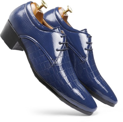Qiao Hidden Height Increasing Formal Shoes | Faux Leather Partywear Formal Mens Shoes Lace Up For Men(Blue)
