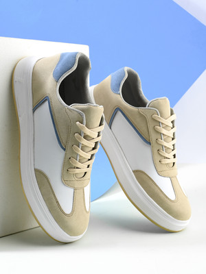 Roadster white beige chunky colourblocked pu round toe casual lace up streetwear fashion Sneakers For Men(Beige , 9)
