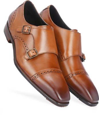 Harrykson London Men's Double Monk Strap Italian Leather Formal Shoe with Leather Rubber Sole Monk Strap For Men(Tan , 8)