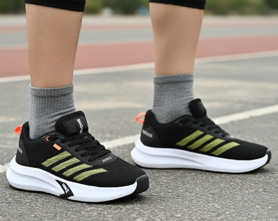 JK PORT Men's Black & Yellow Mesh Sports Running Shoes Casuals For Men(Black, Yellow , 9)