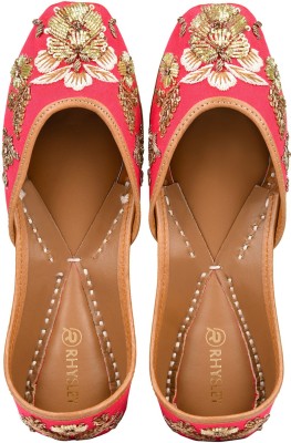 Rhysley Hand Embroidered, Dabka & Resham Pure Leather Jutti Jutis For Women(Pink , 8)