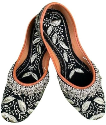 Tarifaan Women's Handmade Rajasthani Embroidered PVC Sole Synthetic Mojari/Jutti Bellies For Women(Black , 4)