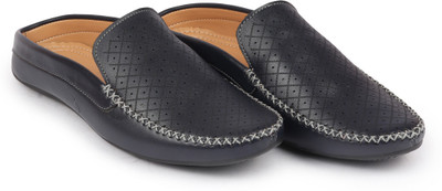 FAUSTO Stitched Block Design Pattern Back Open Slip On Shoes Loafers For Men(Blue , 6)