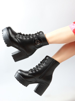 ELUXE PARIS Women's Round Toe Boots Buckle Lace Up Chunky Block Heel Boots for Women Boots For Women(Black , 7)