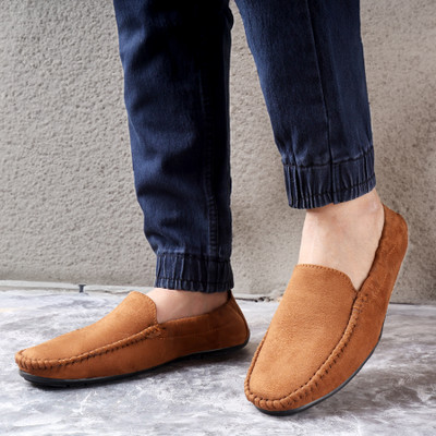Kraasa Suede Slip-On Elastic Collered Loafers For Men(Tan , 7)