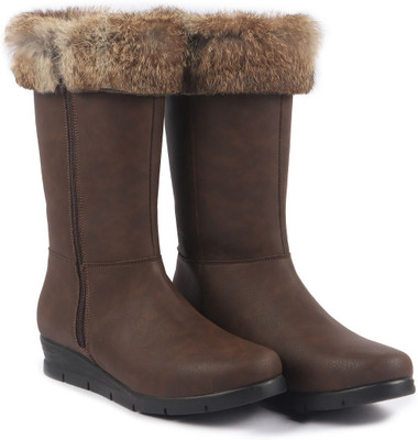 FAUSTO High Ankle Zipper Winter Classic Fur Boots|Platform Wedge Heel Mid Calf Work Boots For Women(Brown , 5)
