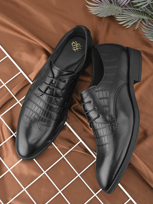 House of Pataudi Men Black Solid Formal Leathertte Formal Office Wear Derby Lace Up Shoes Derby For Men(Black , 8)