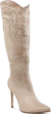 London Rag Rhinestone Patterned Calf Boots Boots For Women(Beige , 7)