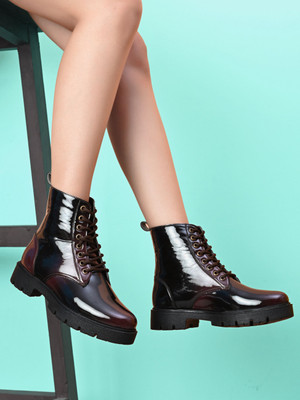 BIG FOX Big Fox Women’s Lace-Up Combat Boots – Glossy Finish with Chunky Outsole Boots For Women(Brown , 3)