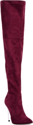 London Rag Burgundy Jaynetts Stretch Suede Micro High Knee Boots Boots For Women(Burgundy , 6)