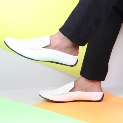 FAUSTO Stitched Block Design Pattern Back Open Slip On Loafer Shoes Mojaris For Men(White)