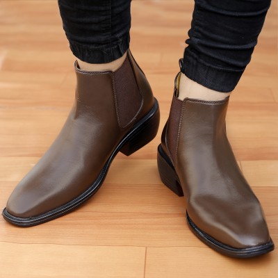 BXXY Men's New Arrival Faux Leather Material Formal Wear Brown Chelsea Boots Slip On For Men(Brown)