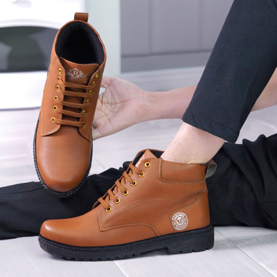 CROWN Stylish Men's Casual Lace-Up Boots For Men(Tan , 9)