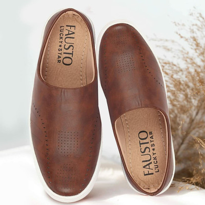 FAUSTO Back Open Stylish Design Slip On Shoes Loafers For Men(Brown , 9)