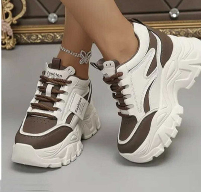 Pharaoh Trendy White and Brown Platform Sneakers with Fashionable Accents Party Wear For Women(Brown , 6)