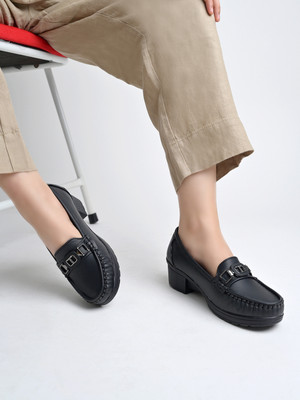 SHOETOPIA Comfortable Loafers|Moccasin Style Slip-On with Low Wedge Heel For Girls Loafers For Women(Black , 7)