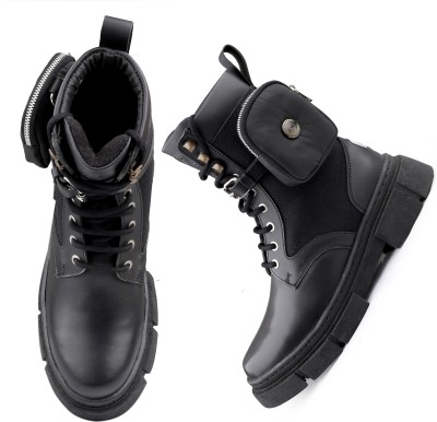 bacca bucci ASSASSIN brushed leather combat boots for Men with detachable coin pocket Boots For Men(Black)