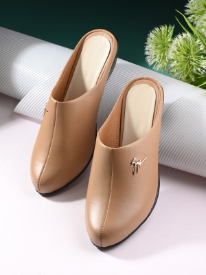 FOOTLOOSE Flats Comfortable Slip On Backless Pointed Toe Mules Casuals For Women(Beige)