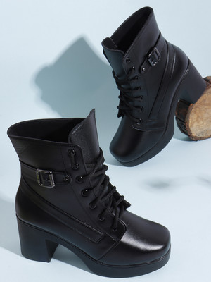 KILLER Women’s Black Lace-Up Boots with Side Buckle | Contemporary Fusion Footwear Boots For Women(Black , 3)
