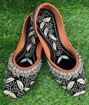 S.K.Craft Handmade Beautiful Rajasthani Embroidered PVC Sole Synthetic Printed Mojari Jutis For Women(Black , 7)