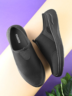Roadster black solid breathable mesh casual sports cushioned footbed slip on mules shoes Sneakers For Men(Black, White , 6)