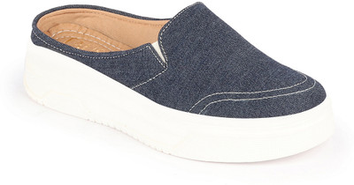 FAUSTO Classic Stitched Upper Denim Open Back Slip On Height Enhancer Casual Shoes Loafers For Women(Navy, White , 5)