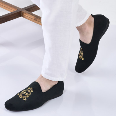 FAUSTO Velvet Embroidery Design Party Casual Slip On Shoes Loafers For Men(Black , 9)