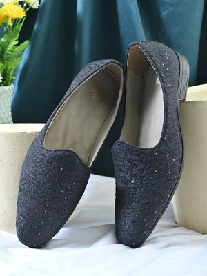 House of Pataudi Men blue ethnic velvet embroidered casual slip on loafers mojaris shoes Loafers For Men(Blue , 8)