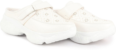 FAUSTO Laser Cut Floral Design Hook and Loop Back Open Slip On Shoes Loafers For Women(White , 6)