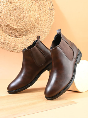 house of common Synthetic Leather Lightweight Comfortable Trendy Walking Chelsea Boots For Men Boots For Men(Brown , 9)