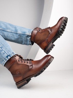 ALBERTO TORRESI HEADON Series Devl550 Suede Distress & Pure Grain Leather Double Neck Ankle Boot Boots For Men(Tan , 6)